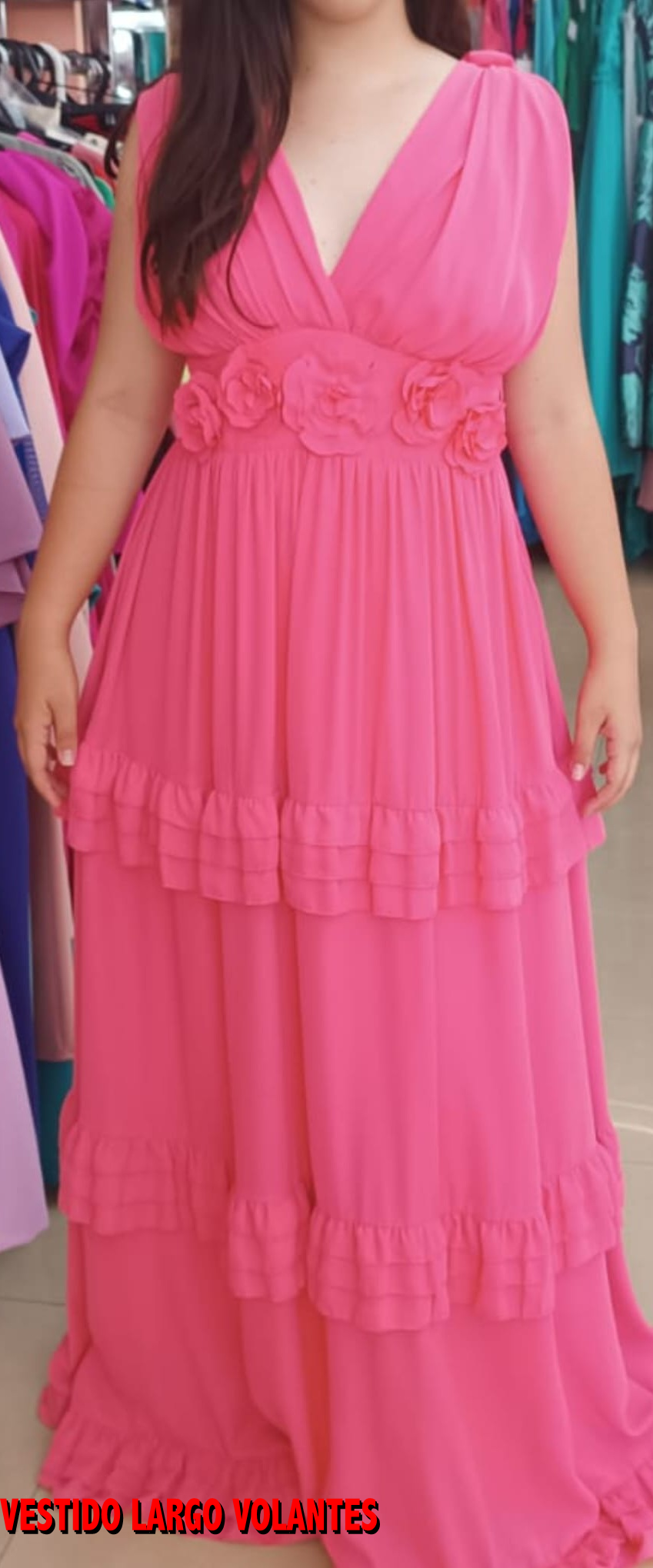 VESTIDO LARGO VOLANTES FUCSIA (GRAN OPORTUNIDAD)