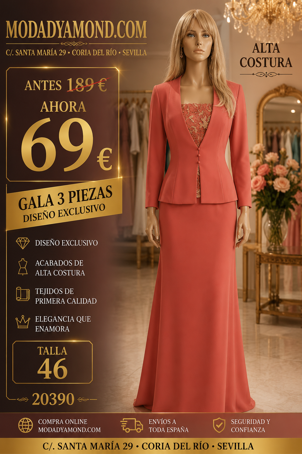 CONJUNTO 3 PIEZAS ALTA COSTURA ROSA