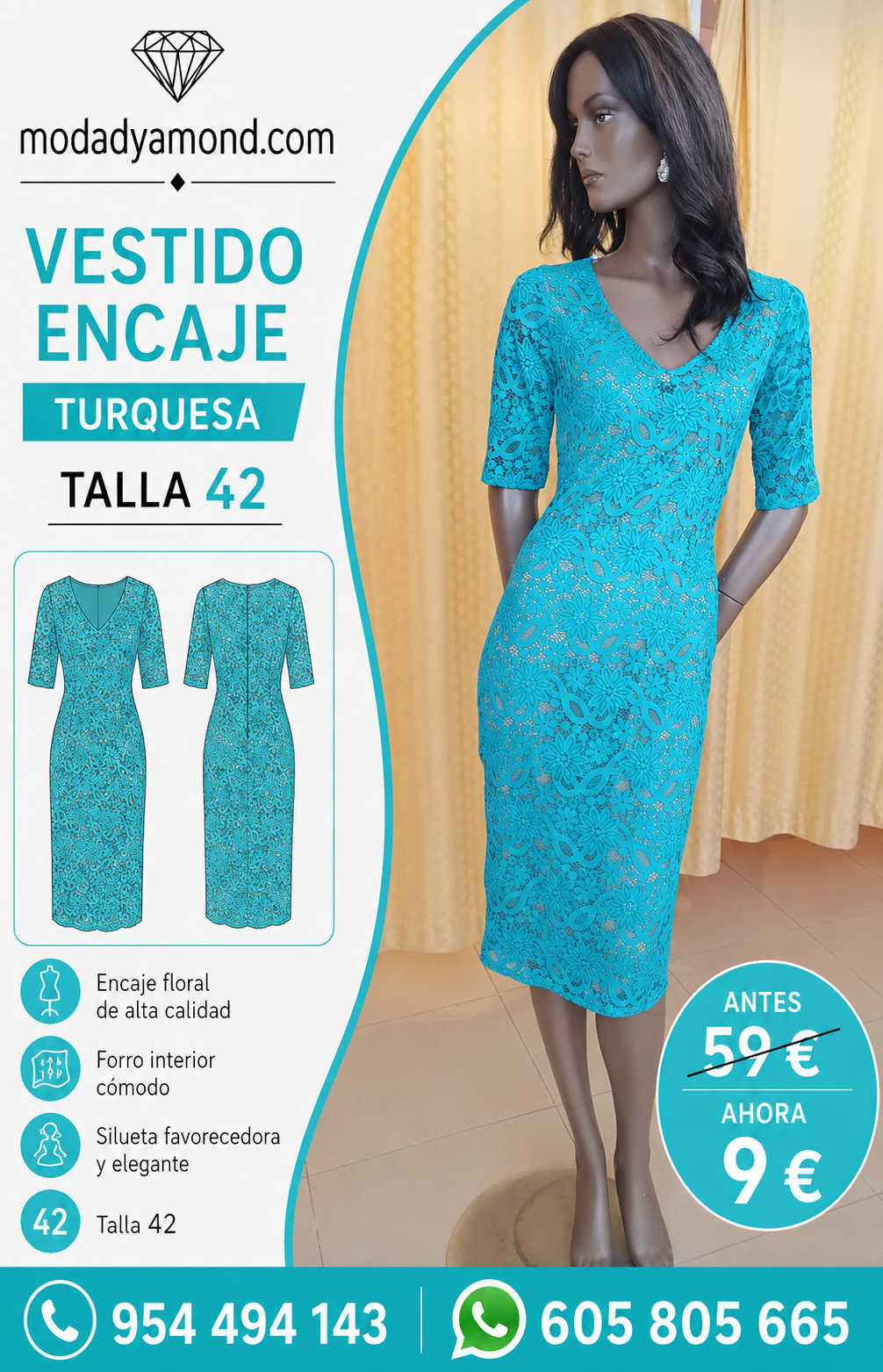VESTIDO ENCAJE TURQUESA CEÑIDO