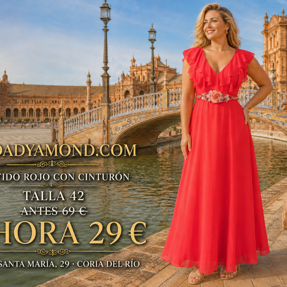 VESTIDO LARGO ROJO CON CINTURON FLOR