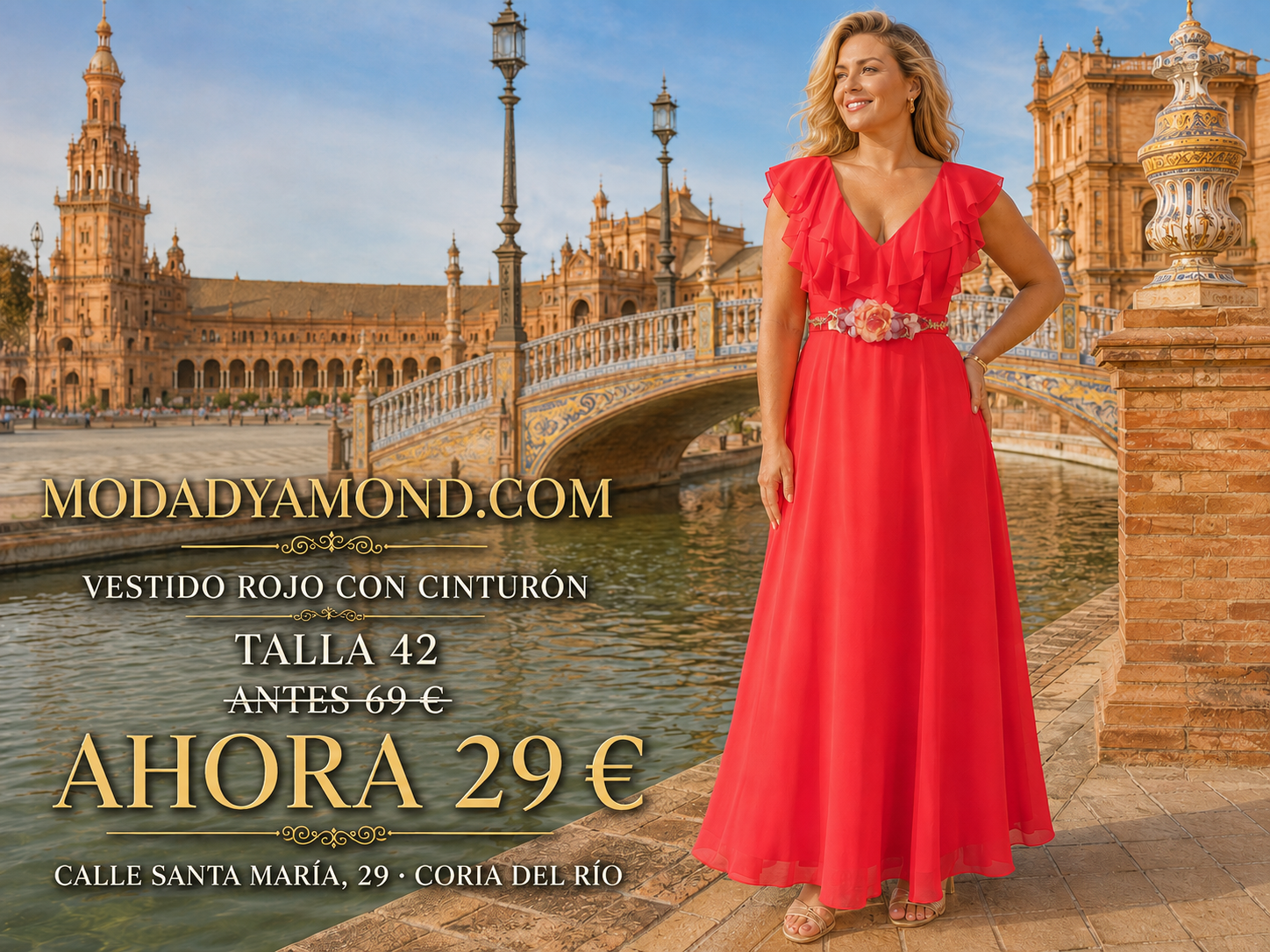 VESTIDO LARGO ROJO CON CINTURON FLOR