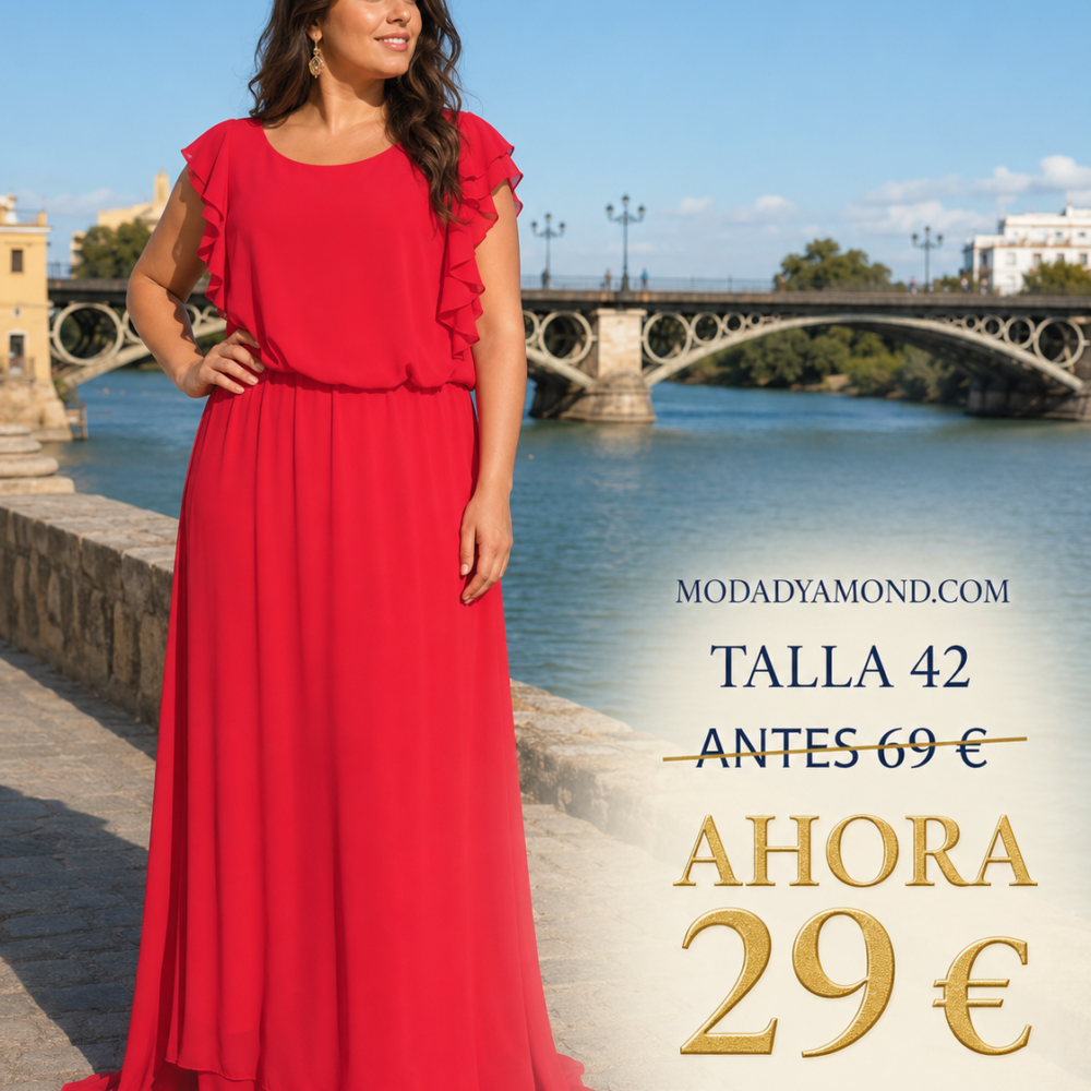 VESTIDO LARGO ROJO MANGAS VOLANTES