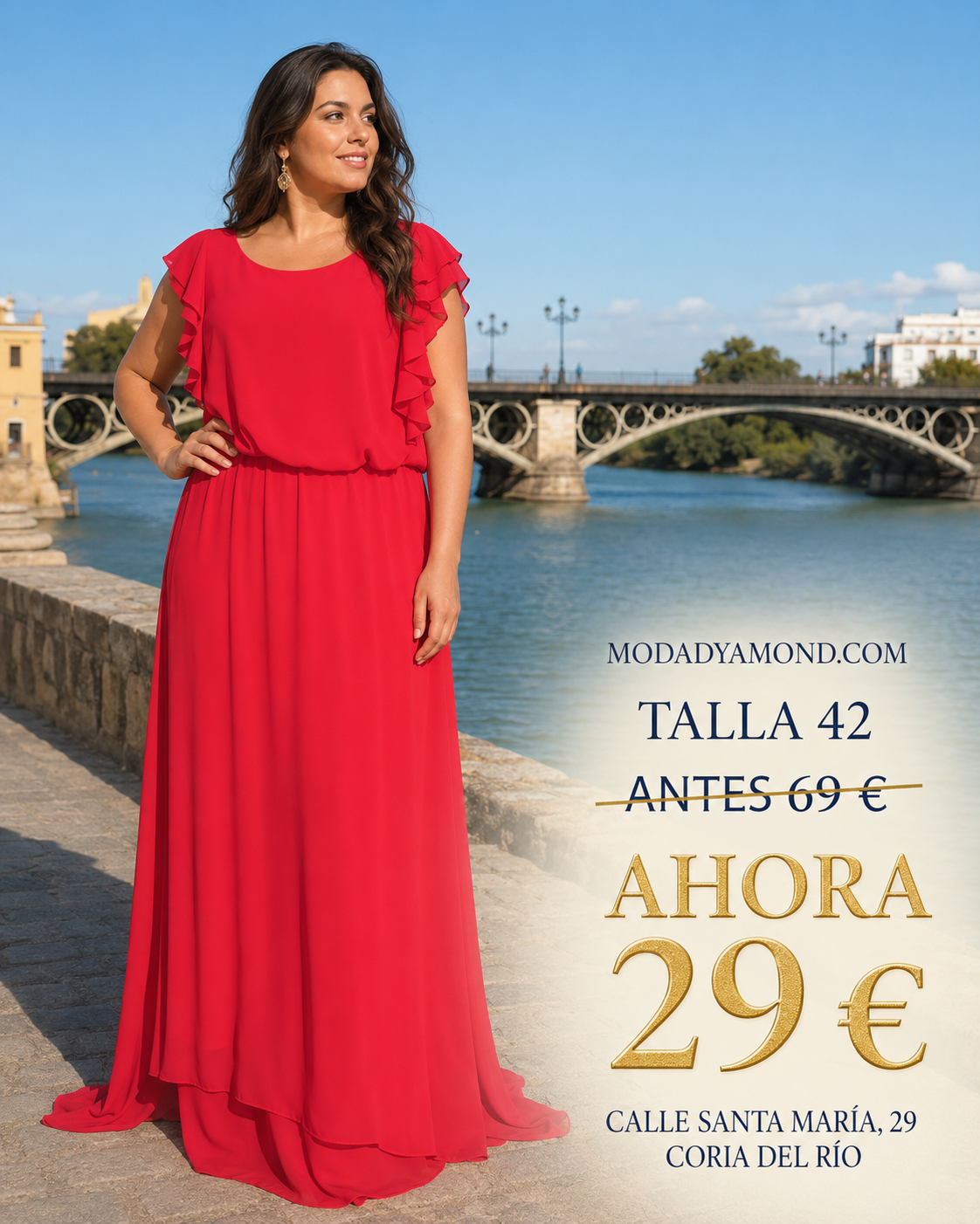 VESTIDO LARGO ROJO MANGAS VOLANTES
